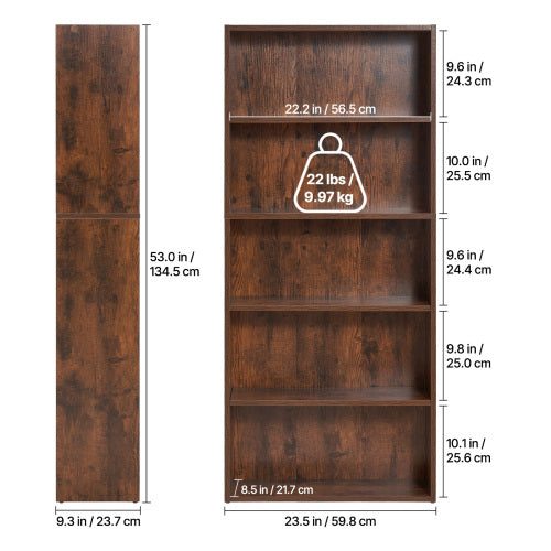 53 Inch Brown Narrow 5-Tier Adjustable Shelf Corner Bookshelf