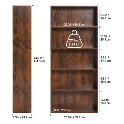 53 Inch Brown Narrow 5-Tier Adjustable Shelf Corner Bookshelf