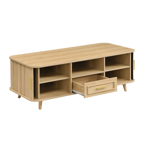 Mid-Century Modern Natural Wood Coffee Table with Tambour Doors & Multi Storage Compartments