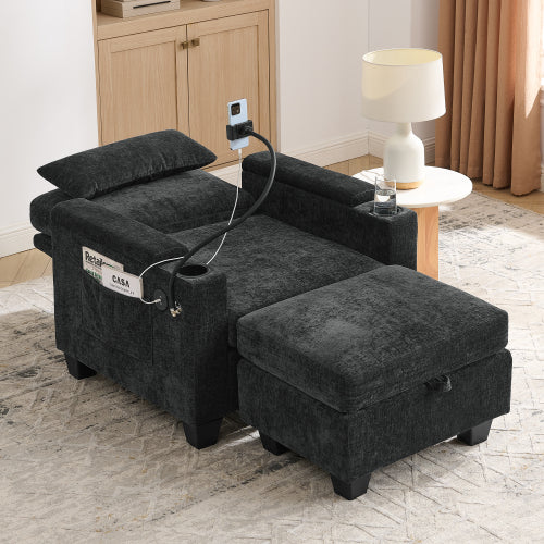 Black Manual-Adjust Recliner Chair with USB, Storage & Ottoman