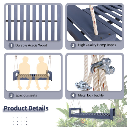 Twin Size Porch Swing Bed Seating Group, Patio Acacia Wood Swing Frame with Hemp Ropes for Garden, Backyard, Gray