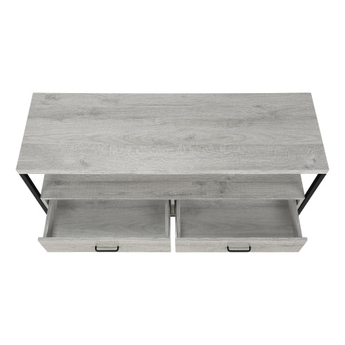 48 Inch Grey Wood Grain TV Stand with Black Metal Frame Dual Open Layers & 2 Drawers