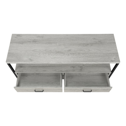 48 Inch Grey Wood Grain TV Stand with Black Metal Frame Dual Open Layers & 2 Drawers
