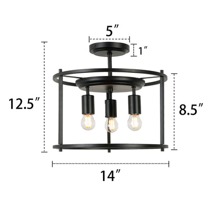 3-Light Semi-flush mount Indoor Modern Drum Cage design Matte Black Ceiling Lamp