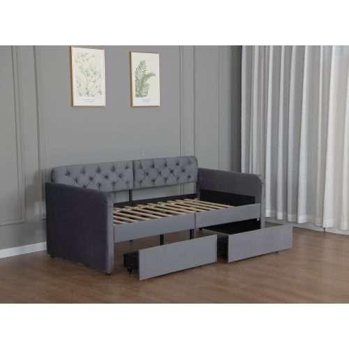 Twin Size Upholstered Daybed with 2 Storage Drawers and USB Charging Design, Velvet Upholstered Daybed Frame, Twin Sofa Bed for Living Room Bedroom, No Box Spring Needed,Plush Velvet Fabric