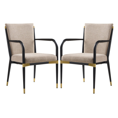 Set of 2 Modern Dining Arm Chairs, Iron Tube Frame with Gold Accents, Toothpick Design Upholstered Side Chairs, 250lbs Load