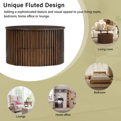Round Lift Top Fluted Coffee Table, Solid Wood & MDF Accent Table with Hidden Storage Drawer