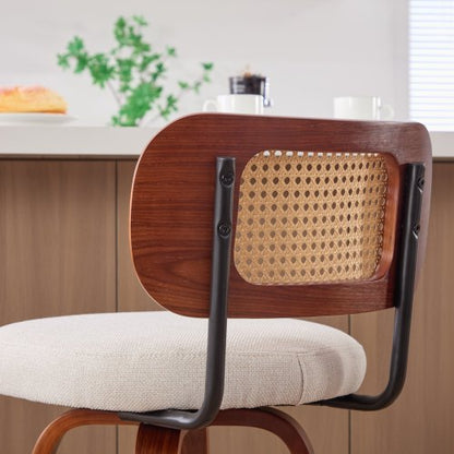 Set of 3, 26-Inch Counter Height Bar Stools - Walnut Black, Cane Rattan Back, Beige Linen Upholstered Seat, Swivel Design for Kitchen Island/Bar/Counter