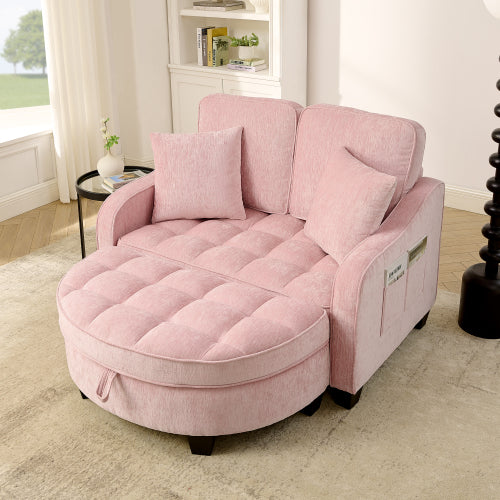 Pink 2-Seater Sofa Chaise, Irregular Armrest, Storage Footrest & 2 Pillows