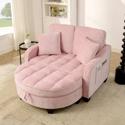 Pink 2-Seater Sofa Chaise, Irregular Armrest, Storage Footrest & 2 Pillows