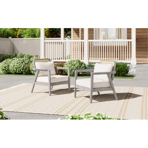(SET OF 2) Outdoor Acacia Wood Patio Club Chair, Patio Furniture,Waterproof Thick Cushion Deep Seating for Porch, Garden, Backyard, Balcony, Weight Capacity 400lbs, Light Gray finish, Cream cushion
