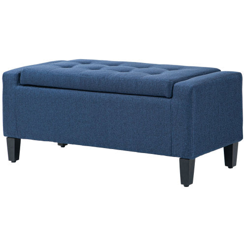 Storage Ottoman, Linen Upholstered Storage Bench with Lift Top and Button Tufted for Living Room, Dark Blue