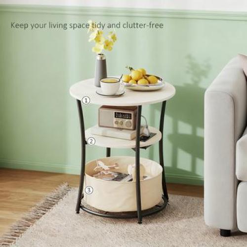 Round Side Table with Charging Station 3 Tier Storage Fabric Bag