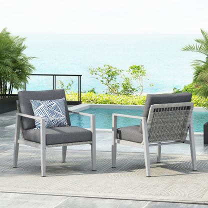 [Set of 2] Silver Aluminum Lounge Chair with Sleek Rope Accents and Comfortable Cushions, Perfect for Modern Outdoor and Indoor Spaces
