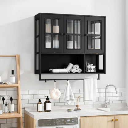 Bathroom Wall Cabinet, 3-Door Wooden Wall Cabinet with Open and Hidden Storage Space, Medicine Cabinet with Glass Door and Towel Bar for Entryway Living Room Bathroom Dining Room,Black