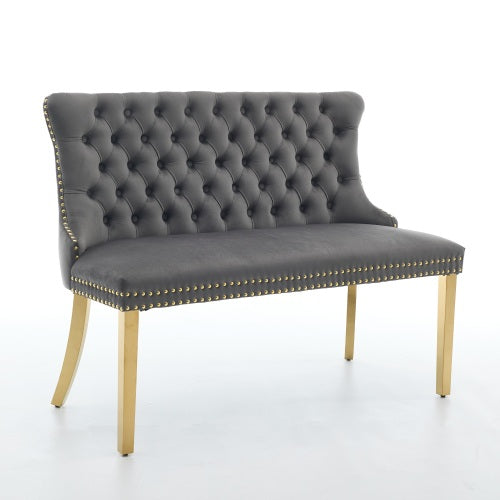 Velvet Double Dining Loveseat Bench, Kitchen & Dining Seating, 2-Seat Tufted Bench w/Handmade Buttons, Wing Back, Gold-Plated Steel Legs, Mid Century Modern,Single Pack,Gray,