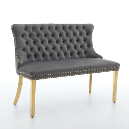 Velvet Double Dining Loveseat Bench, Kitchen & Dining Seating, 2-Seat Tufted Bench w/Handmade Buttons, Wing Back, Gold-Plated Steel Legs, Mid Century Modern,Single Pack,Gray,
