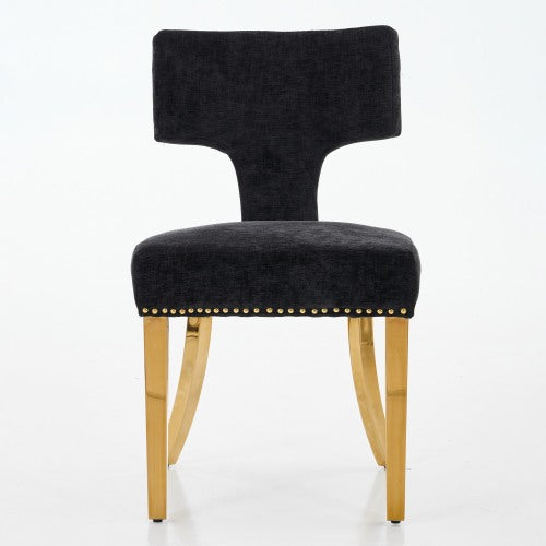 Set of 2 Black Mid-Century Farmhouse Dining Chairs, Copper Nail Curved Back Golden Plated Stainless Steel Legs 300lbs Capacity