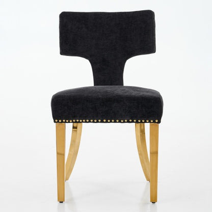 Set of 2 Black Mid-Century Farmhouse Dining Chairs, Copper Nail Curved Back Golden Plated Stainless Steel Legs 300lbs Capacity