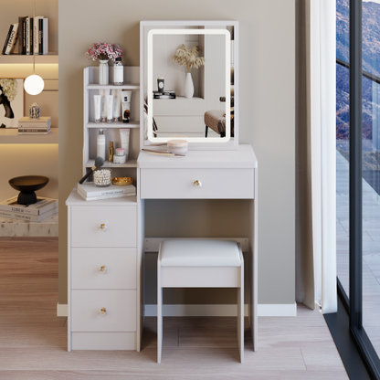 29.2inch  Small Size Left Bedside Cabinet LED Mirror Vanity Table + Cushioned Stool, Large Sliding, Touch Control, 3-color Switch, Brightness Adjust Mirror, High Capacity Storage, EPA, GCC, UL Certificate