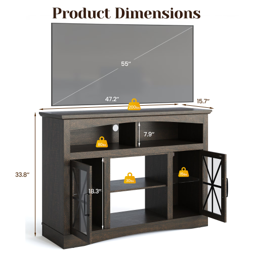 47 Inch Brown Farmhouse Retro TV Stand with Tempered Glass Doors, LED Lights & Adjustable Shelves