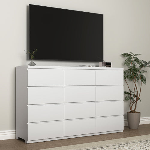 12 Drawers Double Dresser, Modern Wood Dresser Chest of Drawers with Large Storage Space for Bedroom, White