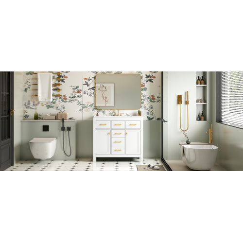 36'' Bathroom Vanity with Ceramic Sink Combo Set,Modern Freestanding Single Bathroom Cabinet with 4 Drawers & 2 Cabinets,Storage Cabinet for Bathroom, Solid Wood Frame Vanity Set, White