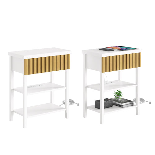 Set of 2 Fluted Nightstands with Charging Station, Farmhouse Side Table with Drawer and Open Shelves