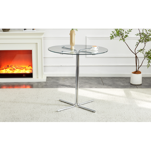 Round glass bar high table, 36 inch round bar table, tempered glass tabletop, sturdy silver chrome plated four column support, suitable for transparent round bar tables in small spaces, kitchens
