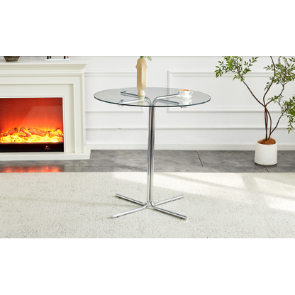 Round glass bar high table, 36 inch round bar table, tempered glass tabletop, sturdy silver chrome plated four column support, suitable for transparent round bar tables in small spaces, kitchens