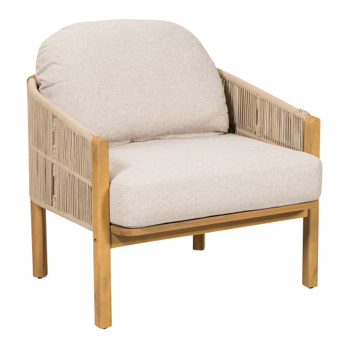 Grotta Outdoor Wood Club Chair, Beige Rope with Beige Cushion