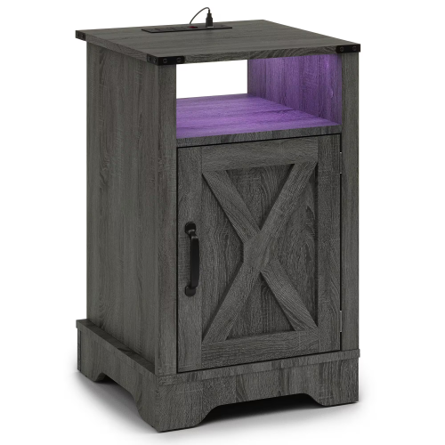 LED Nightstand with Charging Station, Farmhouse Wooden Side Table with Storage Cabinet