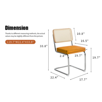 Set of 2 Orange Velvet Rattan Cantilever Dining Chairs, Chrome Tubular Steel Breuer Stackable Side Chairs