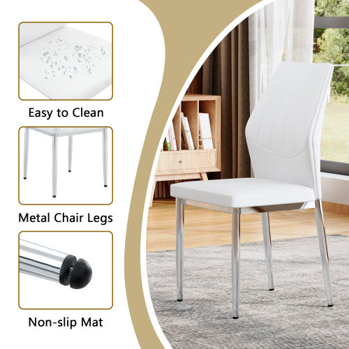 5-Piece Marble Glass Dining Set, Double-Layer Table & 4 White PU Shell Pattern Chairs