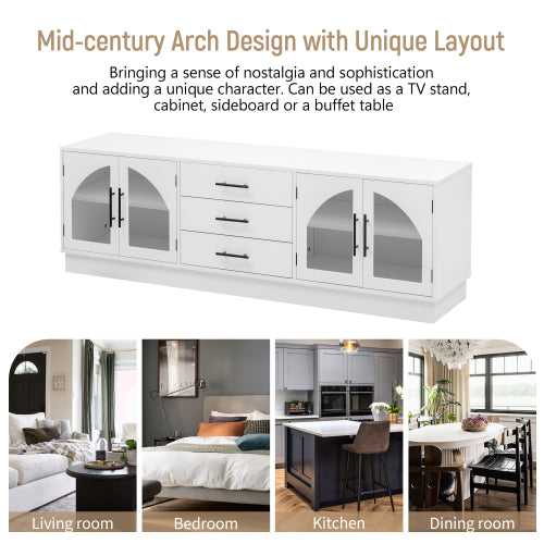 68.9 Inch Minimalist MDF TV Stand Arched Glass Doors 3 Drawers 2 Cabinets for TVs Up To 75 Inch