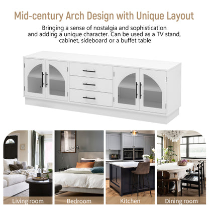 68.9 Inch Minimalist MDF TV Stand Arched Glass Doors 3 Drawers 2 Cabinets for TVs Up To 75 Inch