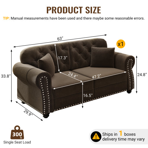 63 inch  Brown Velvet Mid-Century Sofa, Nailhead Trim & 2 Pillows