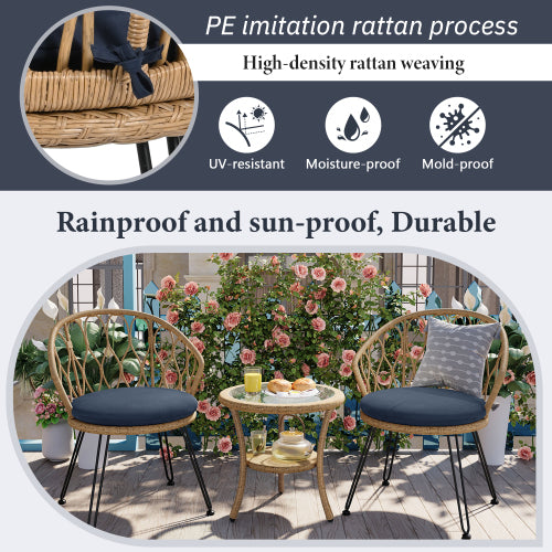 U_STYLE Outdoor Leisure Set, 2 Rattan Single Chairs with A Glass Round Table, Perfectly Suited for Patios, Balconies, and Courtyards