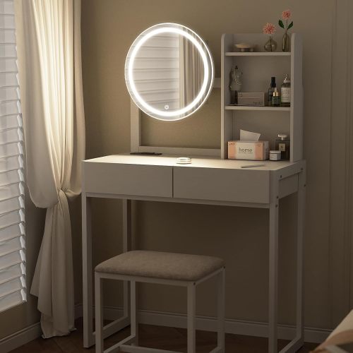 White Vanity Desk with LED Lighted Mirror, 3 Modes, USB Outlet, Drawer & Stool