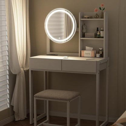 White Vanity Desk with LED Lighted Mirror, 3 Modes, USB Outlet, Drawer & Stool