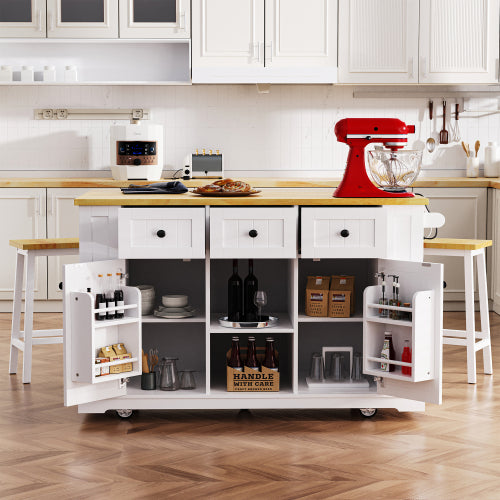 53inch Large Kitchen Island with Drop Leaf, Power Outlet, Door Internal Storage Rack, Rolling Kitchen Cart on 5 Wheels with 5 Open Side Racks for Kitchen, Dining Room,White(Not include bar stools)