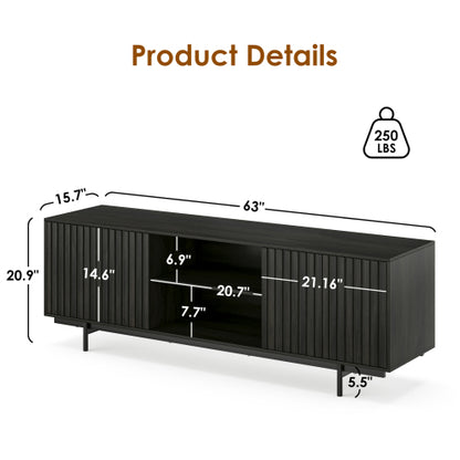63 Inch Mid Century Fluted Retro Pop-Up Door TV Stand for 75 Inch TV with Removable Storage Shelves