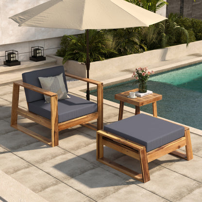STYLE Acacia Wood Outdoor Lounge Set - Chair and Ottoman with Removable Cushions