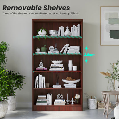 60 Inch Tall 5-Shelf Adjustable Cherry Wood Bedroom Bookcase