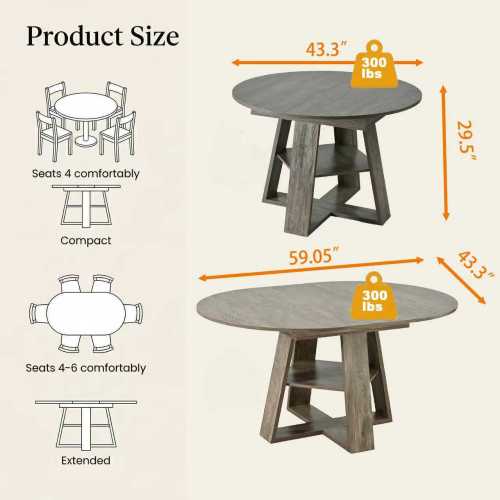 Extendable Round Dining Table for 4-8, Modern Oval Kitchen Table with Storage Shelf, Gray