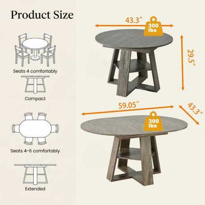Extendable Round Dining Table for 4-8, Modern Oval Kitchen Table with Storage Shelf, Gray