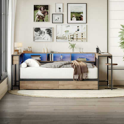 Corner Bed Frame Twin Size with Bookcase and 2 Underbed Storage Drawers, Modern Twin Bed with LED Light and Charging Station, Grey