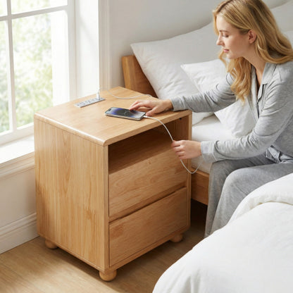 20inch Modern Nightstand with 2 Drawers And Shelves Solid Wood Night Stand with Charger Station Mid Century Bedside Table Curved Wood Side Table for Bedroom Living room