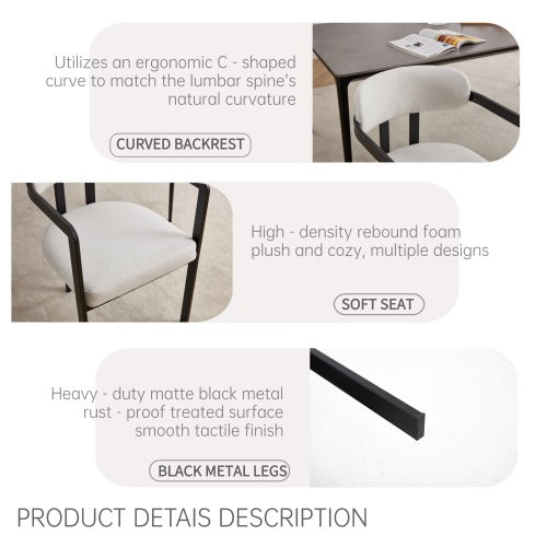 Modern Boucle Dining Chairs Set of 2, Mid-Century Upholstered Kitchen Chairs with Black Metal Legs