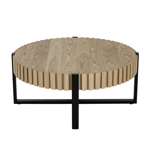 31.5inch  Round Drum Coffee Table MDF Wood Grain Industrial Metal Base